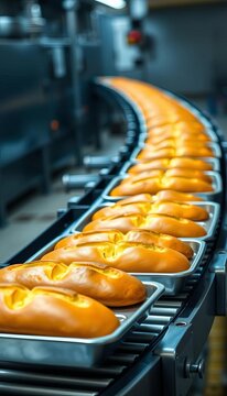 Conveyor belt carrying trays of freshly baked bread, factory, belt