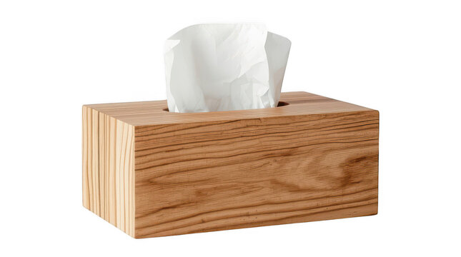 A wooden tissue box holder with a white paper tissue emerging from the opening with against white background natural wood grain grain holds single