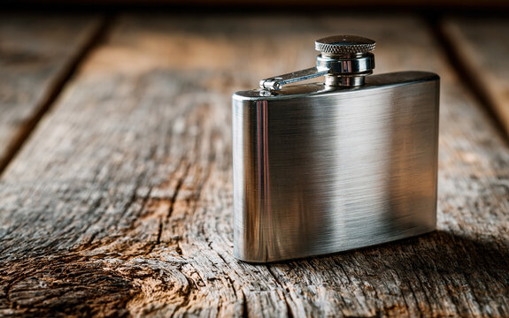 Alcohol consumption and celebration, stainless steel hip flask on rustic wooden table, beverage container for spirits