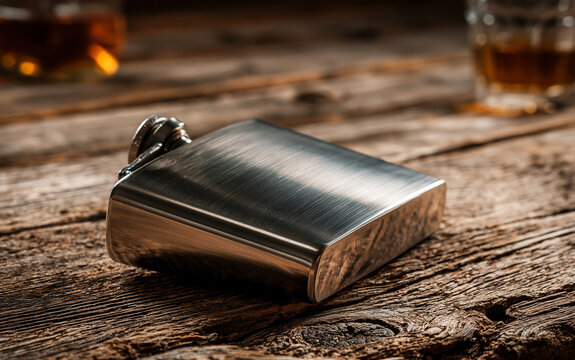 Alcohol consumption and celebration, stainless steel hip flask on rustic wooden table, beverage container for spirits