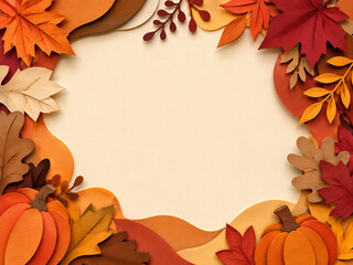Fototapeta premium Paper cut autumn leaves and pumpkins decorative frame