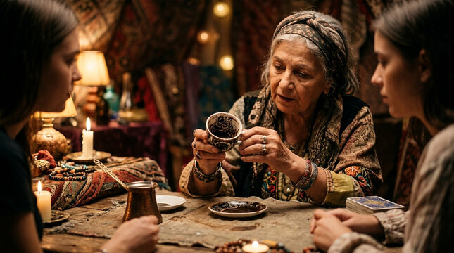 Fortune Teller Reading Coffee Cup for Young Women, Mystical Ritual