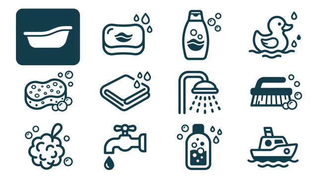 Set of 12 minimalist baby bath and hygiene line icons featuring a bathtub, rubber duck, soap, shampoo bottle, towel, shower head, sponge, brush, faucet, and toy boat on white background.