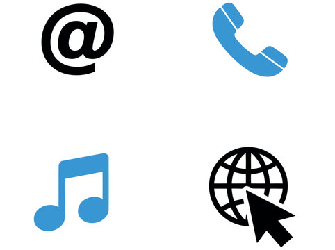 Set of modern contact and media icons featuring email, telephone, music note and website symbols.