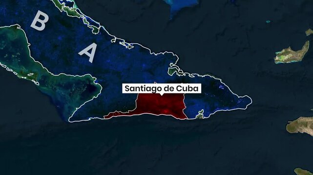 Animated map highlighting Santiago de Cuba in dynamic motion video