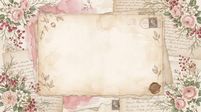 Vintage romantic background with old paper, watercolor pink splashes, roses, and berries, perfect for invitations, scrapbooking, and greeting cards