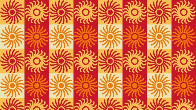 Vibrant Folk Art Pattern Animated Background with Rotating Sun Symbols and Red Vertical Stripes