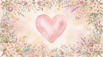 Fototapeta premium Watercolor heart illustration with delicate floral frame of roses and wildflowers on a soft pastel background