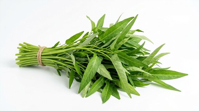 Fresh Water Spinach Bundle with Twine on White Background, Healthy Greens