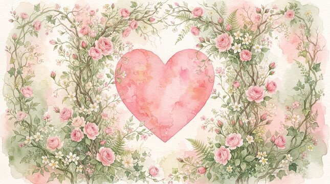Watercolor illustration of a pink heart framed by blooming roses and greenery, perfect for valentines day designs