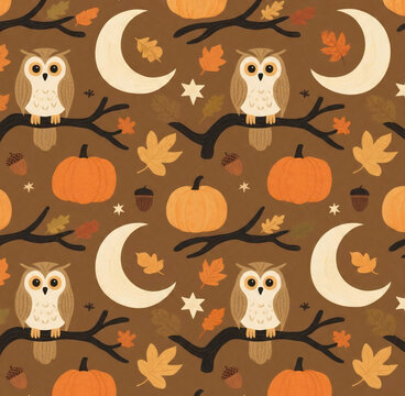 seamless pattern with halloween pumpkins and owl in night