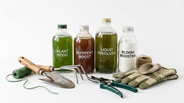 Gardening Supplies: Plant Food, Fertilizer, Tools, Gloves, Twine on White Background