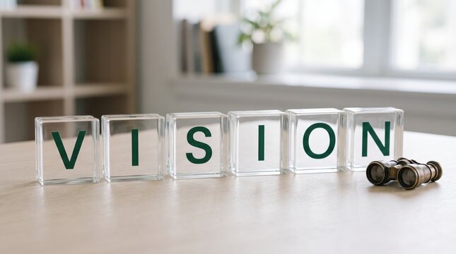 Word VISION spelled out in clear glass blocks with vintage binoculars on wooden table, future goals, strategic planning, business, clarity, focus, perspective, looking ahead