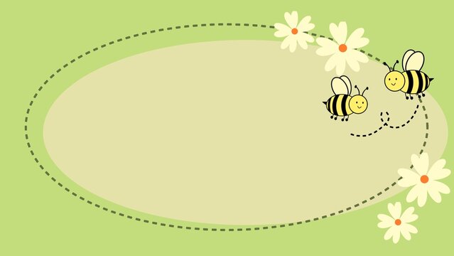 Cute honey bee frame template with daisy flowers on green background. Oval blank copy space border for kids card, baby shower, birthday, and graphic design. 
