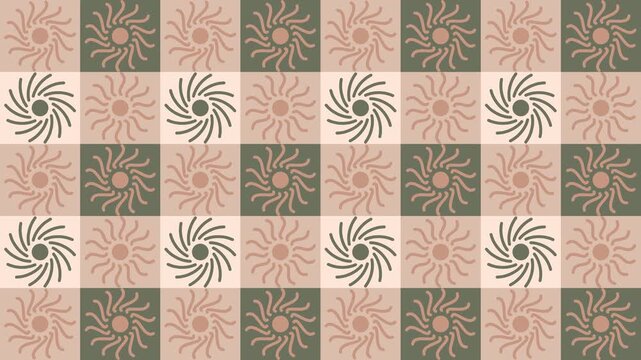 Seamless looping checkerboard pattern background with rotating retro sun elements in pastel colors