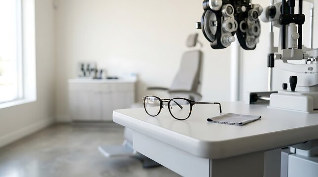 Modern eyeglasses resting on a table in a professional optometrist eye clinic office.
