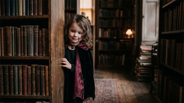 Girl in vampire costume peeking around bookshelf in old library
