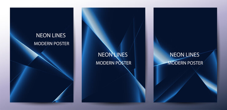Dark Blue Abstract Technology Poster Template Set with Glowing Neon Geometric Lines