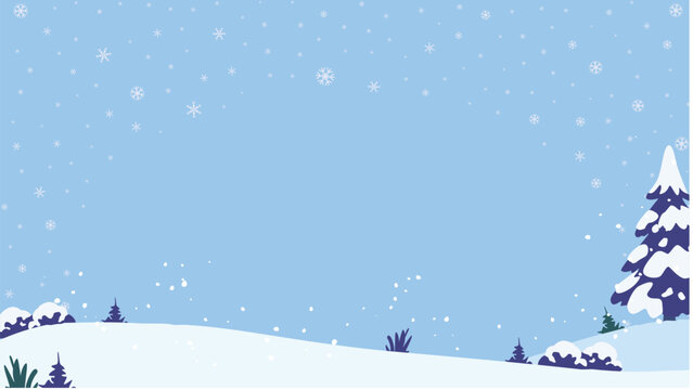 A flat design vector illustration of a serene winter landscape featuring snow-covered pine trees, gentle rolling hills, and falling snowflakes against a light blue sky.