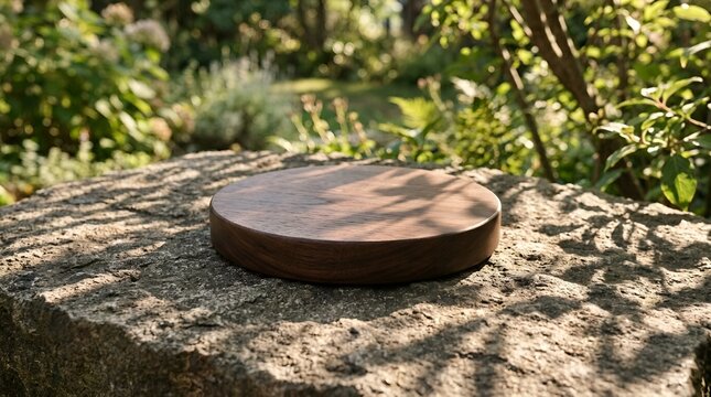 Rustic round dark wood cutting board on rough stone surface outdoors. Blank vintage countertop in garden with green foliage background. Natural wood kitchen tool display space with copy space