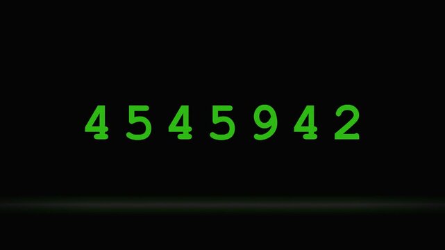 Green digital counter displaying rapidly changing numbers. 4K Video