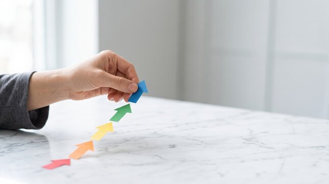 Female hand placing blue paper arrow at top of colorful sequence, symbolizing growth and progress, step by step improvement, business development roadmap visualization