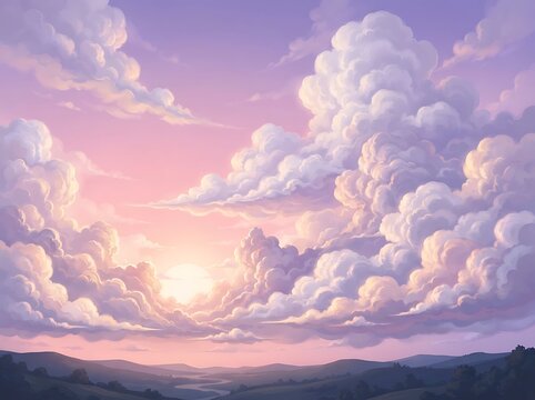 A beautiful digital painting of a serene sunset over rolling hills with fluffy clouds.
