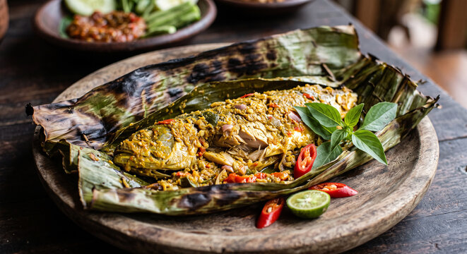 Delicious Steamed Fish Wrapped in Banana Leaves, a Special Indonesian Culinary Delight Featuring Aromatic Spices and Fresh Herbs, Presents the Perfect Authentic Southeast Asian Cuisine.