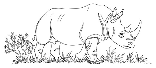 Single line drawing of a rhinoceros walking in the wild, minimalist vector illustration of rhino near bush, african safari animal wildlife conservation concept © ----WWWLINE----