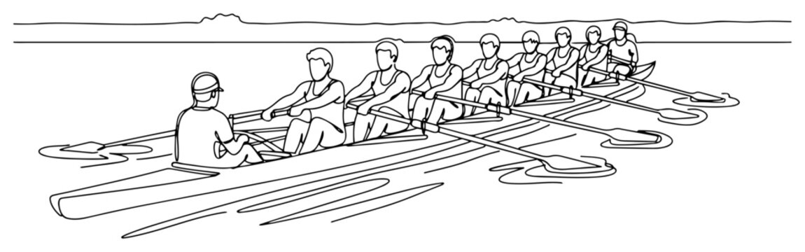 Team rowing boat with eight rowers and a coxswain continuous line drawing, minimalist vector illustration of crew rowing team sport, cooperation and synchronicity concept