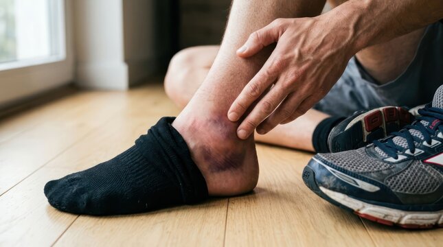 Person with Bruised Ankle After Sports Injury.