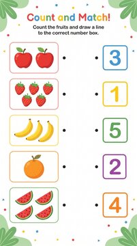 Colorful children educational worksheet for counting fruits and matching to numbers with apples, strawberries, bananas, orange and watermelon