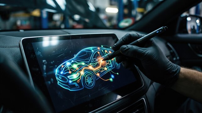 Mechanic hand with stylus using car computer diagnostics on touchscreen in auto service. Holographic car scheme with glowing electric circuits on dashboard