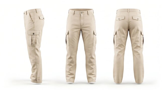Khaki cargo pants apparel mockup in three views, front side and back fashion template