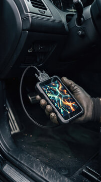 Hand in work glove holding car diagnostic scanner connected to obd port under dashboard. Automotive computer diagnostics and vehicle repair service technology concept