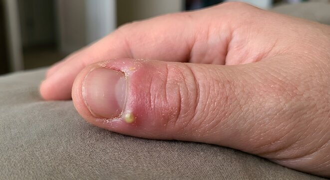 Extreme close-up shot of an acute paronychia (nail fold infection) on a thumb, showing pronounced erythema, swelling, and a localized purulent abscess adjacent to the cuticle.
