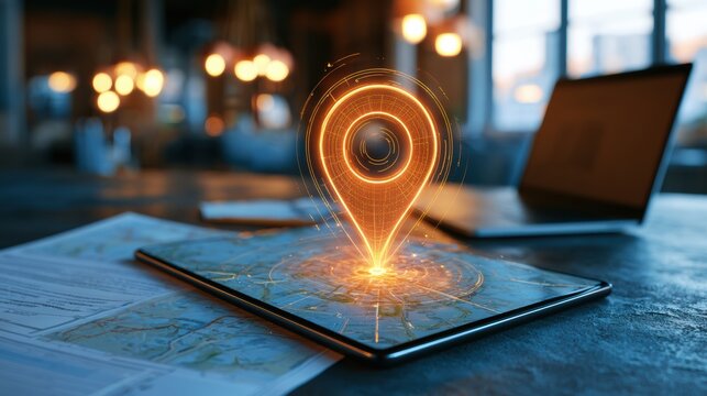 A glowing digital location pin hovers above a tablet displaying a map, symbolizing navigation and geolocation technology in a modern workspace.