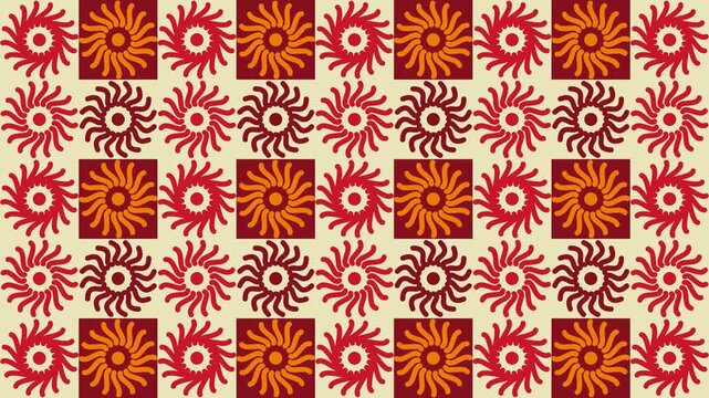 Seamless Loop of Abstract Folk Art Pattern with Red and Orange Rotating Sun Ornaments