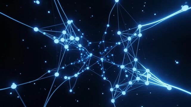 Glowing light particles connect through ethereal luminous strands forming a complex web that represents advanced data flow within the vast reaches of cyberspace while pulsing with deep blue