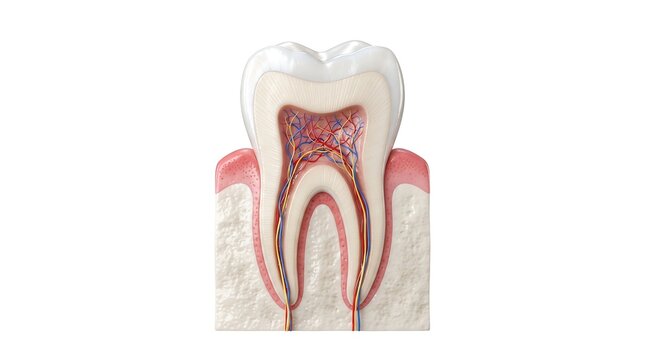 Human tooth anatomy and cross section 3D medical illustration