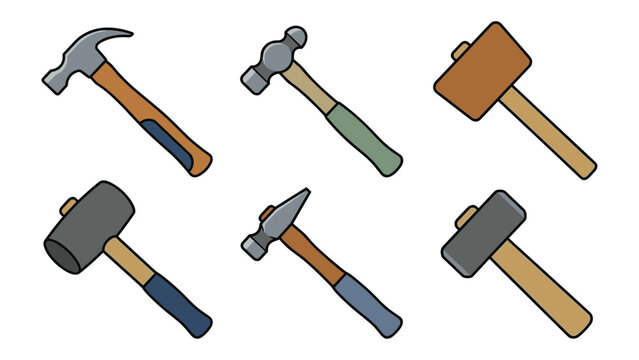Vector collection of diverse hammer tools for construction and professional carpentry work