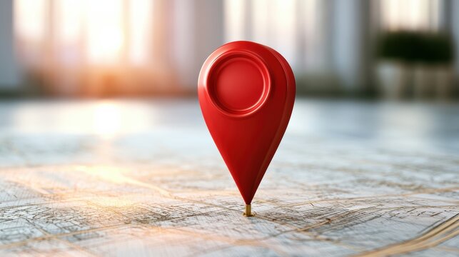 A red location pin marks a specific point on a detailed paper map, symbolizing navigation and pinpointing a destination.