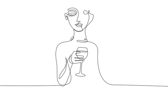 One line drawing illustration of a woman holding a wine glass