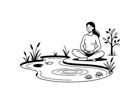 Woman meditating by a calm pond, zen yoga practice in nature, black and white vector line art