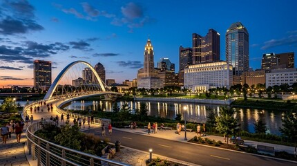 Fototapeta premium Columbus Skyline at Dusk with Scioto Mile Bridge and River