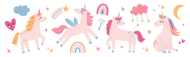 Unicorn vector set with cute pink magical horses, pegasus, rainbows, stars, moon and clouds. Nursery fantasy collection for kids. © Hanna Bykova