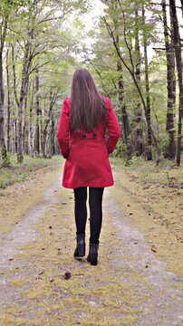 Tracking brown long hair woman in red jacket on high heels in forest