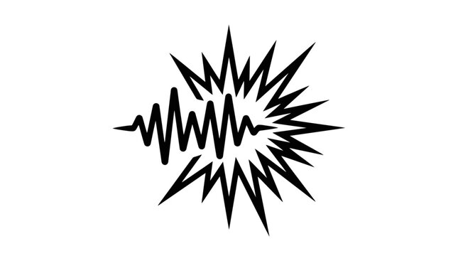 Black and white graphic icon featuring a dynamic audio sound wave merging with an explosive impact symbol, representing loud noise, audio shockwave, or sound effect concepts