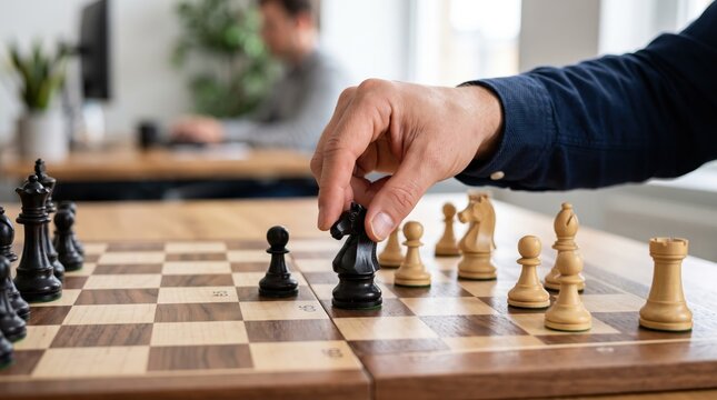 of hand moving black knight chess piece on wooden board, strategic business competition, planning tactics and winning strategy in office environment with colleague working