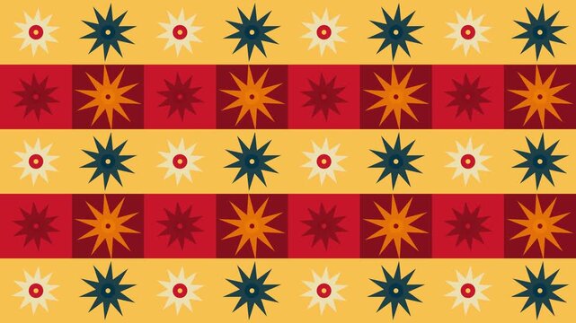 Seamless Loop of Traditional Folk Pattern with Geometric Stars on Red and Yellow Background
